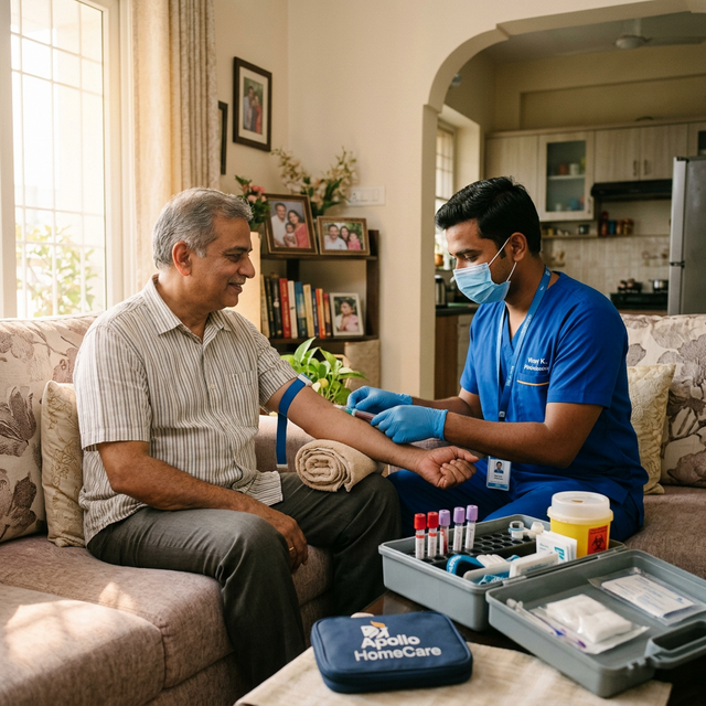 Expert Phlebotomist collecting blood sample from patient at home in Chandigarh